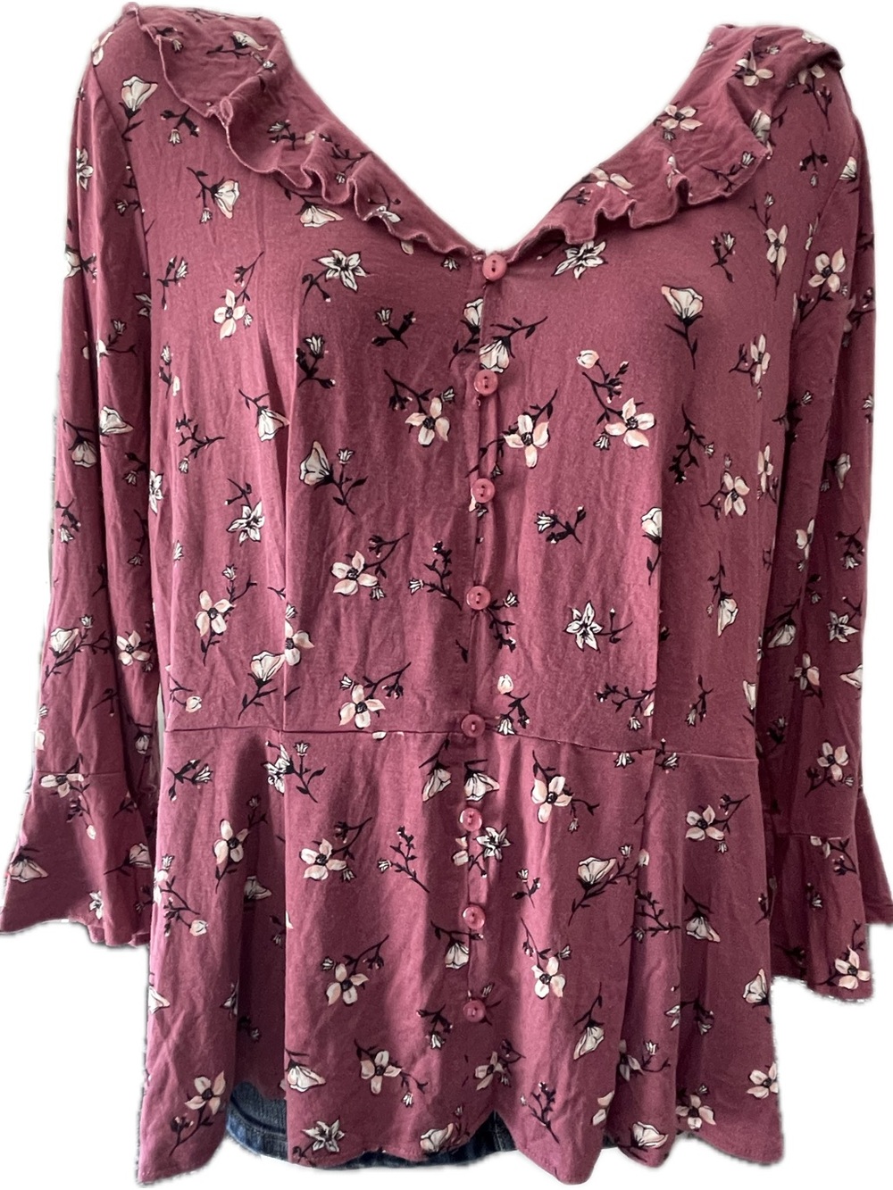 American Rag Raspberry Floral Button-Front Ruffle Peplum Tunic - Picture 2 of 6